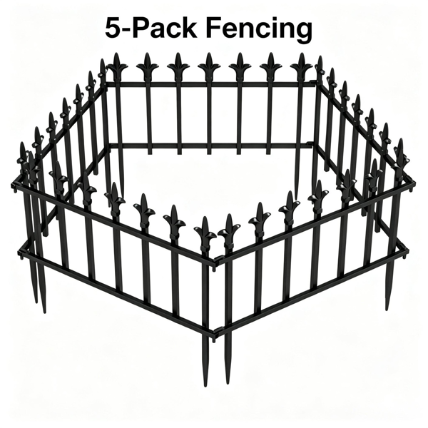 Black Foldable Garden Border Fence, 5 Pack No Dig Animal Barrier, Decorative Metal Fencing for Lawn Pathway Outdoor Landscaping