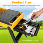 Foldable Portable Charcoal BBQ Grill with Dual Foldable Side Shelves, Stainless Steel Cooking Grate Compact Camping Grill for Backyard Beach Tailgate Cooking - Image 5