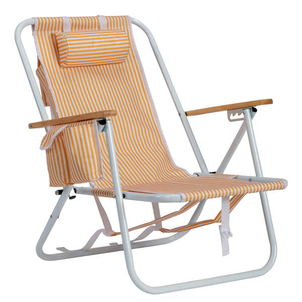 18148394_1 4-Position Adjustable Backpack Beach Chair, Foldable Rustproof Aluminum Frame Lounge Chair with Wooden Armrest, Side Storage Pockets & Detachable Pillow, 24"×22"×37" Outdoor Patio Camping Lawn Chair Holds up to 265 LBS, Orange White Vertical Stripe - Image 1