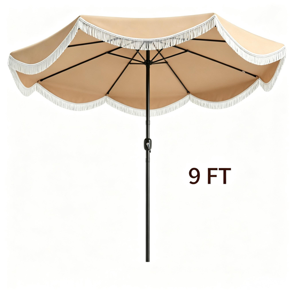 19632812_1 9 ft Boho Patio Umbrella with Tassel Fringe, 30° Tilt Outdoor Market Umbrella with Crank & Vent, Metal Frame Sun Shade for Backyard Pool Garden - Image 1