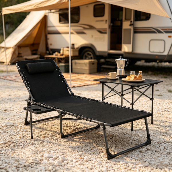 19866005_1 Black Outdoor Folding Chaise Lounge Chair – 5-Level Adjustable Tanning Chair, with Side Table, Pillow, Pocket - Image 1