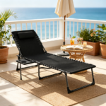 Black Outdoor Folding Chaise Lounge Chair – 5-Level Adjustable Tanning Chair, with Side Table, Pillow, Pocket - Image 5