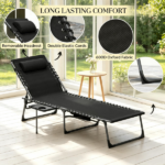 Black Outdoor Folding Chaise Lounge Chair – 5-Level Adjustable Tanning Chair, with Side Table, Pillow, Pocket - Image 6