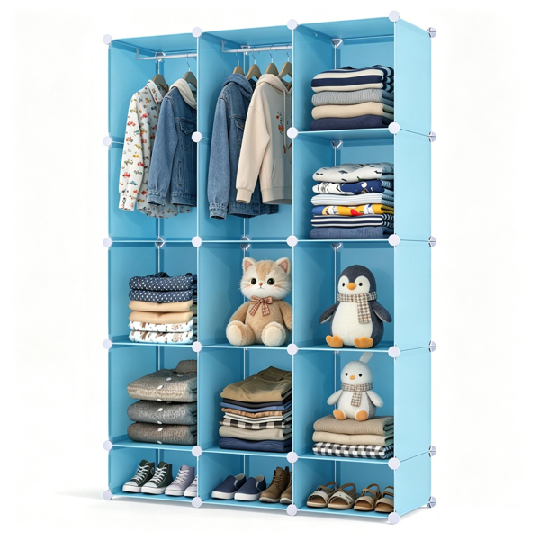 3-Cube Blue Modular Kids Closet, PP & Metal Storage Organizer with Hanging Rods, Tool-Free Assembly Baby Wardrobe for Clothes Toys Books