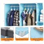 3-Cube Blue Modular Kids Closet, PP & Metal Storage Organizer with Hanging Rods, Tool-Free Assembly Baby Wardrobe for Clothes Toys Books - Image 7