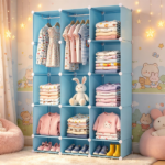 3-Cube Blue Modular Kids Closet, PP & Metal Storage Organizer with Hanging Rods, Tool-Free Assembly Baby Wardrobe for Clothes Toys Books - Image 8