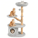 41 Inch Solid Pear Wood Cat Tree Tower Multi-Level Vertical Playground with Plush Top Perch Private Cat Condo Natural Jute Scratching Posts Dangling Toy Ball Washable Cushion for Multiple Cats Gray - Image 3
