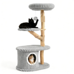 41 Inch Solid Pear Wood Cat Tree Tower Multi-Level Vertical Playground with Plush Top Perch Private Cat Condo Natural Jute Scratching Posts Dangling Toy Ball Washable Cushion for Multiple Cats Gray - Image 4