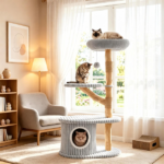 41 Inch Solid Pear Wood Cat Tree Tower Multi-Level Vertical Playground with Plush Top Perch Private Cat Condo Natural Jute Scratching Posts Dangling Toy Ball Washable Cushion for Multiple Cats Gray - Image 6