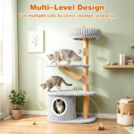 41 Inch Solid Pear Wood Cat Tree Tower Multi-Level Vertical Playground with Plush Top Perch Private Cat Condo Natural Jute Scratching Posts Dangling Toy Ball Washable Cushion for Multiple Cats Gray - Image 7