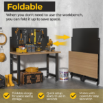Mobile Work Bench with Pegboard, Heavy Duty Folding Work Table with Wheels, Space Saving Wood Top Tool Storage Rolling Desk for Garage, Workshop, Home Studio 59"H x 47.2"W x 23.6"D - Image 3