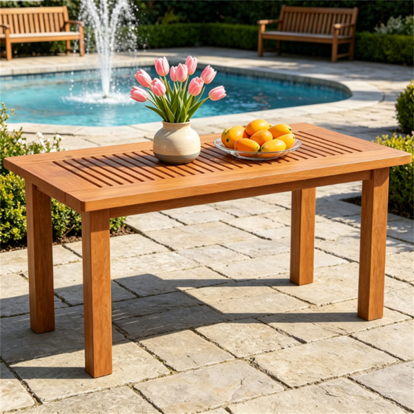 35.5" x 18" x 17" Rectangular Wooden Patio Coffee Table, Heavy Duty 130LBS Capacity Slatted Top Outdoor Table for Sofa Lounge Backyard Decor