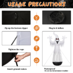 12ft Inflatable Halloween Decor Half-Body Clear PVC White Ghost with 2 LED Lights & 1 Stage Light, Black & White, 12V 2000mA US Power Adapter - Image 5