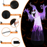 12ft Inflatable Halloween Decor Half-Body Clear PVC White Ghost with 2 LED Lights & 1 Stage Light, Black & White, 12V 2000mA US Power Adapter - Image 7