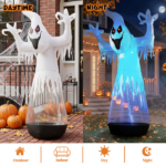 12ft Inflatable Halloween Decor Half-Body Clear PVC White Ghost with 2 LED Lights & 1 Stage Light, Black & White, 12V 2000mA US Power Adapter - Image 8