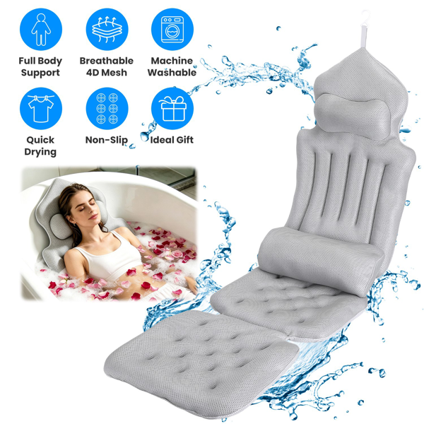 Full Body Bathtub Cushion with Detachable Lumbar Pillow, 4D Honeycomb Mesh Non-Slip Bath Mat with 192 Suction Cups, Machine Washable Soft Bath Pillow for Spa Soaking