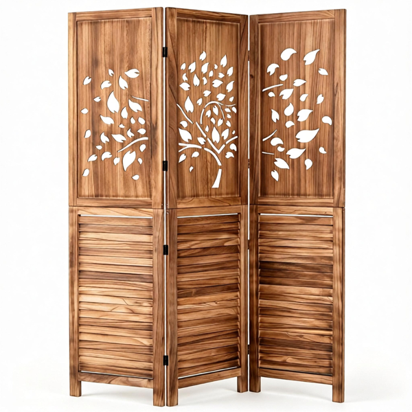 3 Panel Paulownia Wood Folding Room Divider, Tree Leaf Cutout Top & Louvered Lower Panel Freestanding Privacy Screen Rustic Brown Lightweight Partition for Bedroom Living Room Office