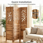3 Panel Paulownia Wood Folding Room Divider, Tree Leaf Cutout Top & Louvered Lower Panel Freestanding Privacy Screen Rustic Brown Lightweight Partition for Bedroom Living Room Office - Image 3
