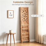 3 Panel Paulownia Wood Folding Room Divider, Tree Leaf Cutout Top & Louvered Lower Panel Freestanding Privacy Screen Rustic Brown Lightweight Partition for Bedroom Living Room Office - Image 5