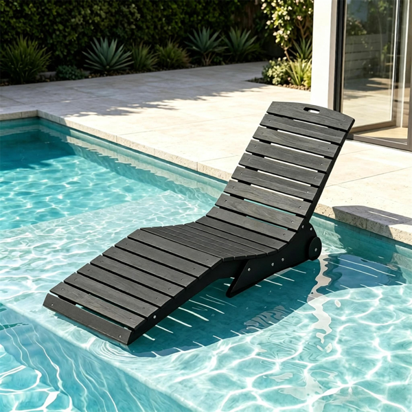 HDPE In-Pool Lounge Chair with Rear Rolling Wheels, 450 LBS Capacity S-Curve Ergonomic Pool Chaise for 5.5"-8.5" Water Depth 304 Stainless Steel Hardware Weather Resistant Sun Shelf Pool Float Seat - Dark Gray