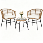 3 Pieces PE Rattan Patio Bistro Set, Outdoor Conversation Furniture with Off White Zipper Cushions & Tempered Glass Tabletop for Balcony Porch Garden - Image 3