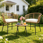 3 Pieces PE Rattan Patio Bistro Set, Outdoor Conversation Furniture with Off White Zipper Cushions & Tempered Glass Tabletop for Balcony Porch Garden - Image 4