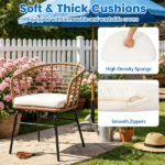 3 Pieces PE Rattan Patio Bistro Set, Outdoor Conversation Furniture with Off White Zipper Cushions & Tempered Glass Tabletop for Balcony Porch Garden - Image 8