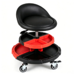 Height Adjustable Rolling Mechanic Stool with Backrest & 2 Removable Tool Trays, 360° Swivel Lockable Wheels Gas Lift 330 LBS Capacity Waterproof Faux Leather Garage Work Seat Black Red - Image 3