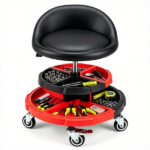 Height Adjustable Rolling Mechanic Stool with Backrest & 2 Removable Tool Trays, 360° Swivel Lockable Wheels Gas Lift 330 LBS Capacity Waterproof Faux Leather Garage Work Seat Black Red - Image 4
