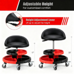 Height Adjustable Rolling Mechanic Stool with Backrest & 2 Removable Tool Trays, 360° Swivel Lockable Wheels Gas Lift 330 LBS Capacity Waterproof Faux Leather Garage Work Seat Black Red - Image 6