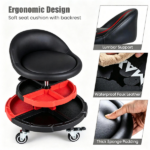 Height Adjustable Rolling Mechanic Stool with Backrest & 2 Removable Tool Trays, 360° Swivel Lockable Wheels Gas Lift 330 LBS Capacity Waterproof Faux Leather Garage Work Seat Black Red - Image 7