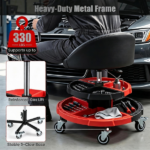 Height Adjustable Rolling Mechanic Stool with Backrest & 2 Removable Tool Trays, 360° Swivel Lockable Wheels Gas Lift 330 LBS Capacity Waterproof Faux Leather Garage Work Seat Black Red - Image 8