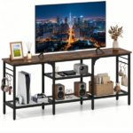 Industrial 3-Tier TV Stand for 65 Inch TV, Heavy Duty Metal Frame Entertainment Center with Anti-Tip Design & Storage Hooks for Living Room - Oak