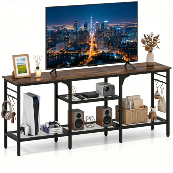 Industrial 3-Tier TV Stand for 65 Inch TV, Heavy Duty Metal Frame Entertainment Center with Anti-Tip Design & Storage Hooks for Living Room - Oak