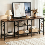 Industrial 3-Tier TV Stand for 65 Inch TV, Heavy Duty Metal Frame Entertainment Center with Anti-Tip Design & Storage Hooks for Living Room - Oak - Image 3
