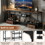 Industrial 3-Tier TV Stand for 65 Inch TV, Heavy Duty Metal Frame Entertainment Center with Anti-Tip Design & Storage Hooks for Living Room - Oak - Image 6