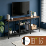 Industrial 3-Tier TV Stand for 65 Inch TV, Heavy Duty Metal Frame Entertainment Center with Anti-Tip Design & Storage Hooks for Living Room - Oak - Image 7