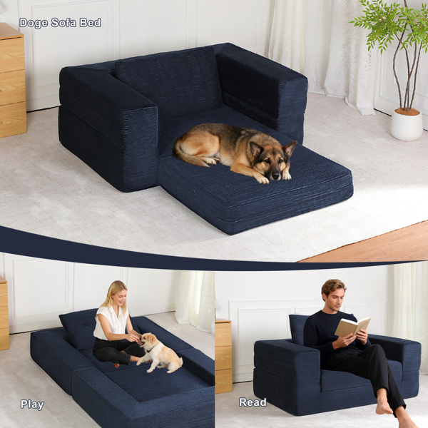 23733561_1 Compression Human Dog Sofa Bed for Adult & Pets,Modern Floor Couch With Pillow for Living Room Bedroom,Corduroy Fabric,No Assembly Required, Dark Blue - Image 1