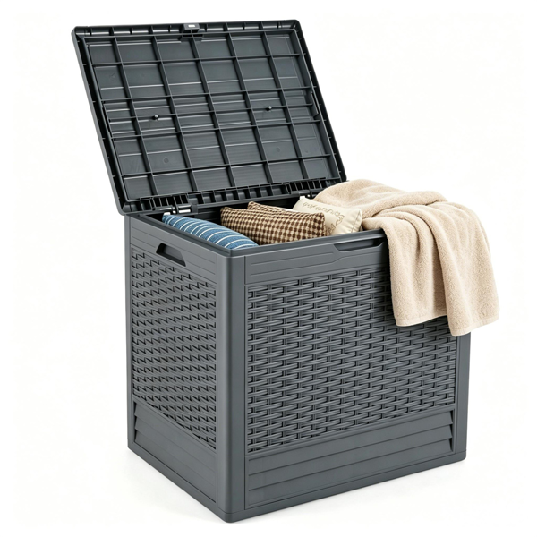 25 Gallon Outdoor Deck Box, Weatherproof PP Storage Chest with Rattan Texture, Lockable Patio Organizer Box as Side Table Extra Seat - Gray