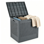 25 Gallon Outdoor Deck Box, Weatherproof PP Storage Chest with Rattan Texture, Lockable Patio Organizer Box as Side Table Extra Seat - Gray - Image 2