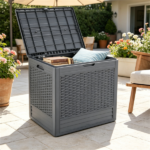 25 Gallon Outdoor Deck Box, Weatherproof PP Storage Chest with Rattan Texture, Lockable Patio Organizer Box as Side Table Extra Seat - Gray - Image 3