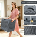 25 Gallon Outdoor Deck Box, Weatherproof PP Storage Chest with Rattan Texture, Lockable Patio Organizer Box as Side Table Extra Seat - Gray - Image 7