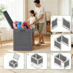 25 Gallon Outdoor Deck Box, Weatherproof PP Storage Chest with Rattan Texture, Lockable Patio Organizer Box as Side Table Extra Seat - Gray - Image 8