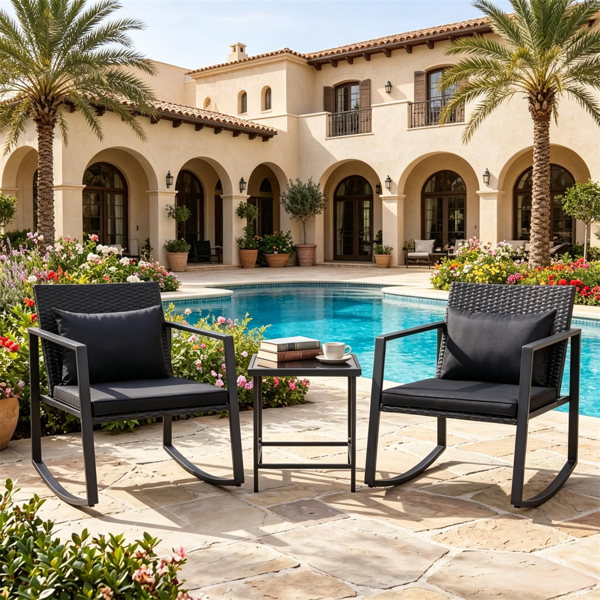 25227898_1 3-Piece Outdoor Wicker Rocking Chair Set, Patio Conversation Furniture with Tempered Glass Side Table & Washable Cushions for Garden Backyard Poolside - Black - Image 1