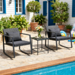 3-Piece Outdoor Wicker Rocking Chair Set, Patio Conversation Furniture with Tempered Glass Side Table & Washable Cushions for Garden Backyard Poolside - Black - Image 4
