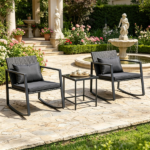 3-Piece Outdoor Wicker Rocking Chair Set, Patio Conversation Furniture with Tempered Glass Side Table & Washable Cushions for Garden Backyard Poolside - Black - Image 7