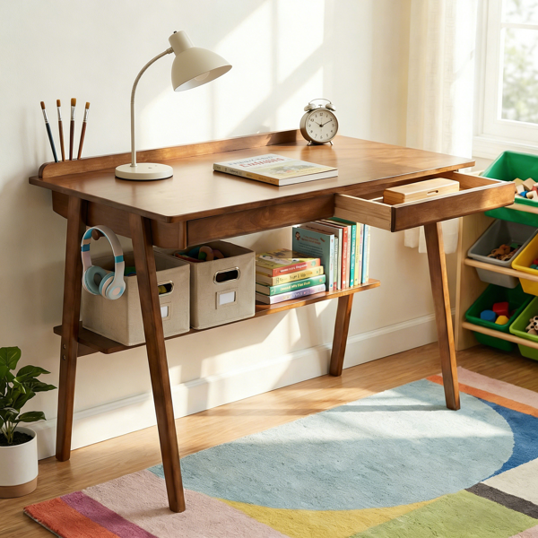 25364556_1 Solid Wood Writing Desk, Home Office Desk for Small Spaces, Mid Century Modern Desks with 2 Drawers & Storage Shelf, Standing Desk with Side Hooks for Study, Bedroom, Office (Walnut) - Image 1
