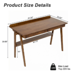 Solid Wood Writing Desk, Home Office Desk for Small Spaces, Mid Century Modern Desks with 2 Drawers & Storage Shelf, Standing Desk with Side Hooks for Study, Bedroom, Office (Walnut) - Image 4