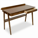 Solid Wood Writing Desk, Home Office Desk for Small Spaces, Mid Century Modern Desks with 2 Drawers & Storage Shelf, Standing Desk with Side Hooks for Study, Bedroom, Office (Walnut) - Image 7