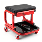 Rolling Garage Mechanic Stool with Magnetic Drawer & Segmented Tool Tray, 330 LBS Weight Capacity PU Padded Seat 4 Universal PP Wheels C-Shaped Metal Frame Red Black Workshop Roller Seat - Image 3